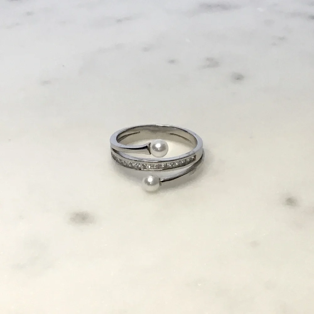 Sterling Silver Cz & Simulated Pearl Ring - Picture 6 of 15